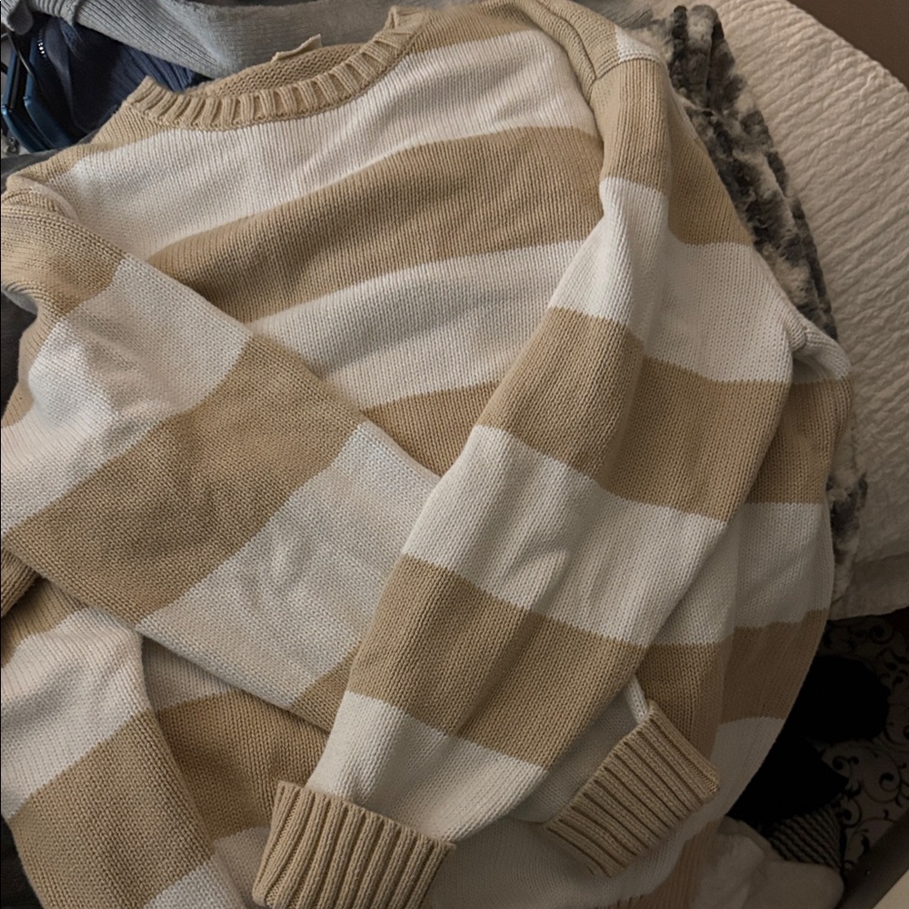 Brandy Melville Beige and White Striped Sweater